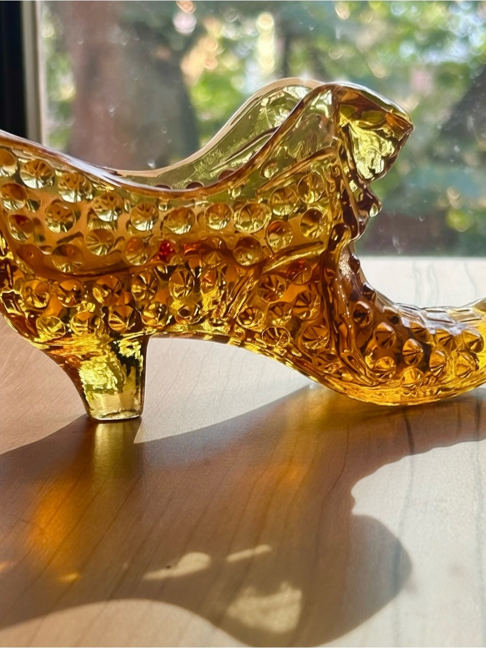 Vintage 1970’s Victorian  Fenton amber glass hobnail shoe slipper boot figurine